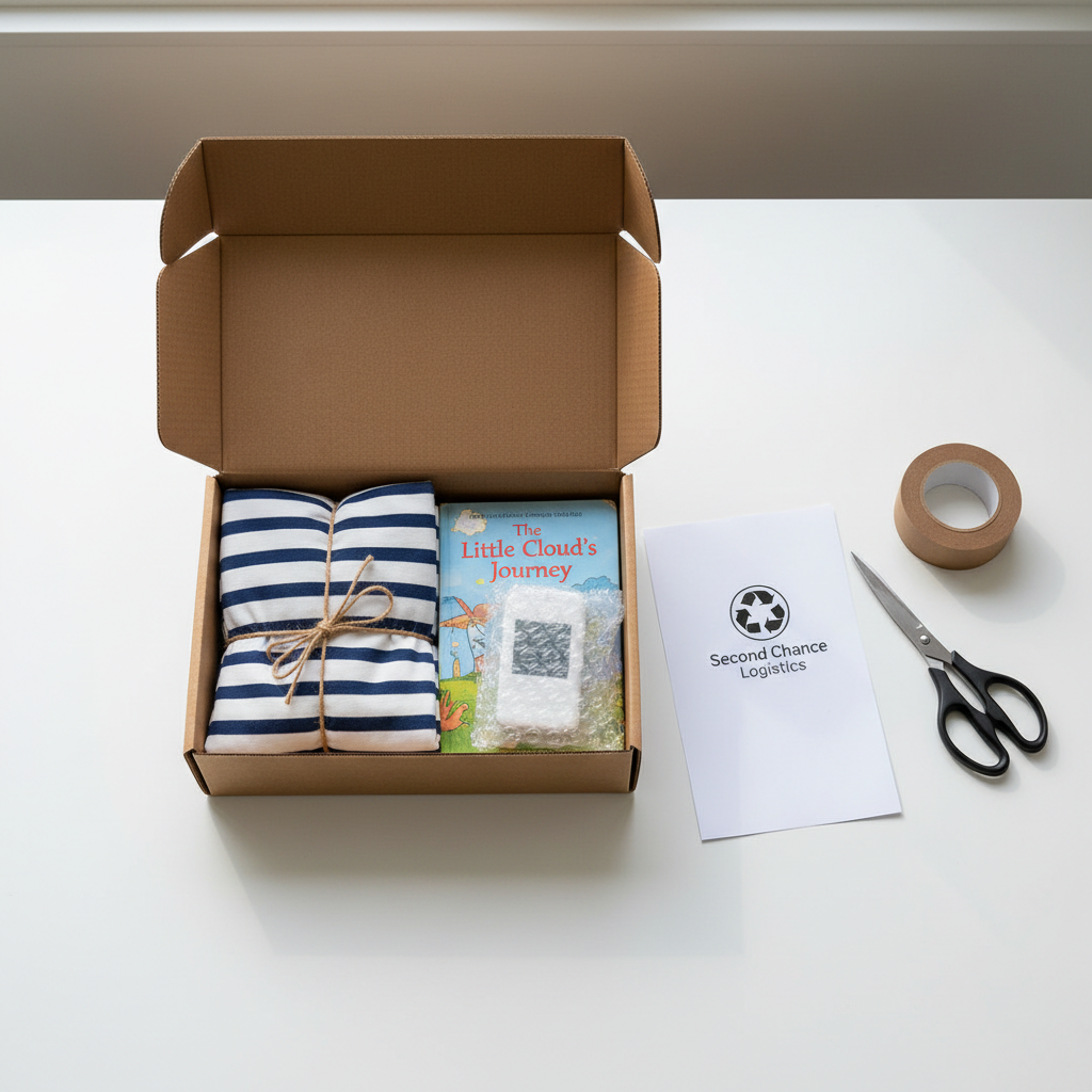 An overhead view of an open cardboard shipping box on a clean white desk, filled with neatly wrapped pre-loved items: a folded striped shirt tied with natural twine, a small bubble-wrapped gadget, and a children’s picture book with a faintly worn cover. Beside the box lies a printed packing slip with a subtle “Second Chance” logo, a roll of eco-friendly kraft tape, and a pair of stainless-steel scissors. Cool, bright natural light from a nearby window casts soft, precise shadows, giving the scene a crisp, efficient feel. The composition is carefully balanced, with all objects clearly visible, captured in photographic realism to convey smooth logistics, care in packaging, and a professional, sustainable resale experience.