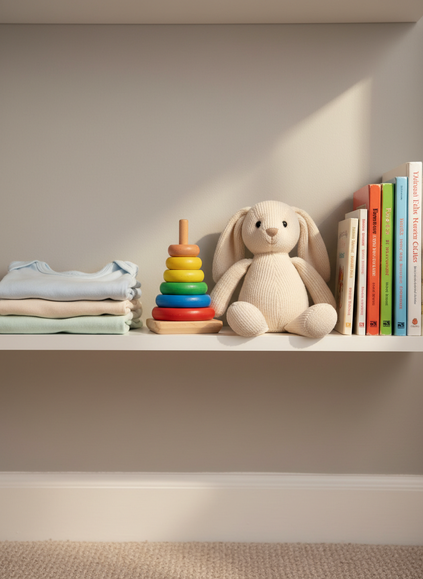 A cozy nursery shelf arrangement featuring gently used baby essentials: a neatly stacked set of pastel cotton onesies, a classic wooden stacking toy with a slightly softened finish, a plush neutral-toned stuffed animal sitting upright, and a row of children’s books with colorful spines, some edges lightly worn. The shelf is clean matte white against a soft, warm gray wall. Warm, diffused daylight enters from the right, creating a tender, reassuring glow with soft-edged shadows. Framed in a straight-on, eye-level composition with shallow depth of field that subtly blurs the background, the image emphasizes safety, cleanliness, and quality. The photographic realism and serene atmosphere highlight how pre-loved items can still feel premium, trusted, and ready for a new home in a professional resale marketplace.