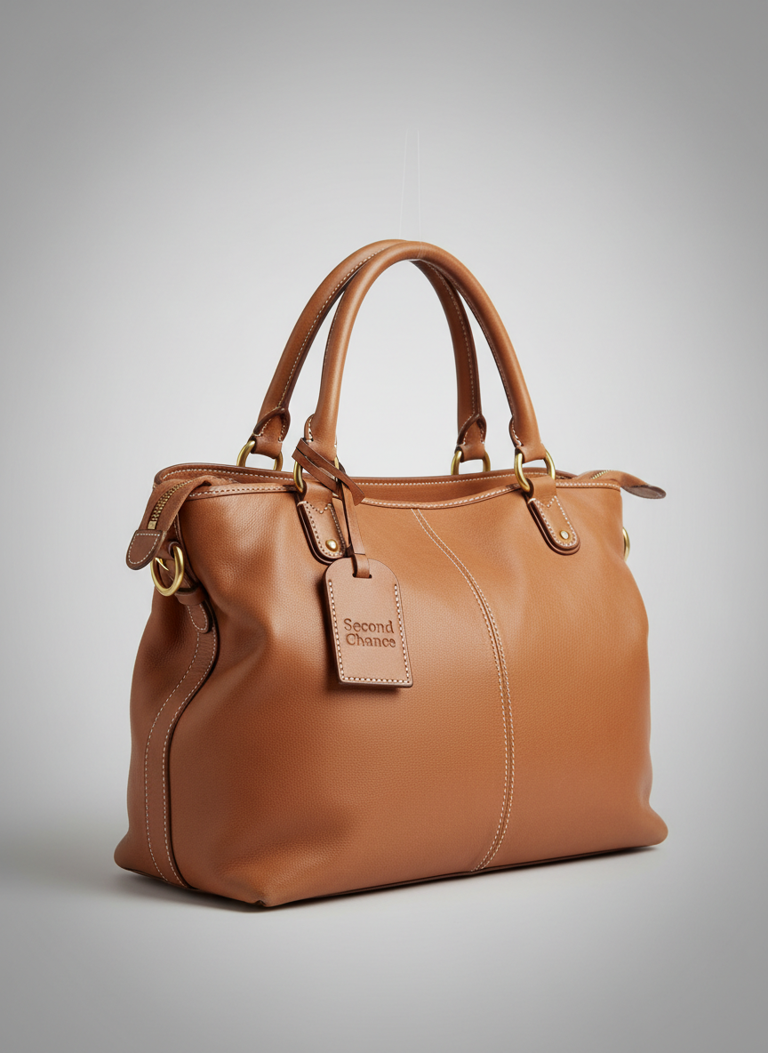 A close-up product-style shot of a high-quality, pre-owned leather handbag resting on a seamless light gray backdrop. The bag’s supple grain, precise stitching, and polished metal hardware are rendered in sharp detail, with a discreet tag reading “Second Chance” attached to the handle. Soft studio lighting from both sides creates gentle, even illumination, revealing texture without harsh shadows, while a subtle top light adds a delicate highlight along the edges. The background falls into a smooth gradient, emphasizing the bag as the hero subject. Composed with the handbag slightly off-center following the rule of thirds, the image feels premium, trustworthy, and ready for online listing photography, showcasing the professional, photographic realism of a curated resale platform.