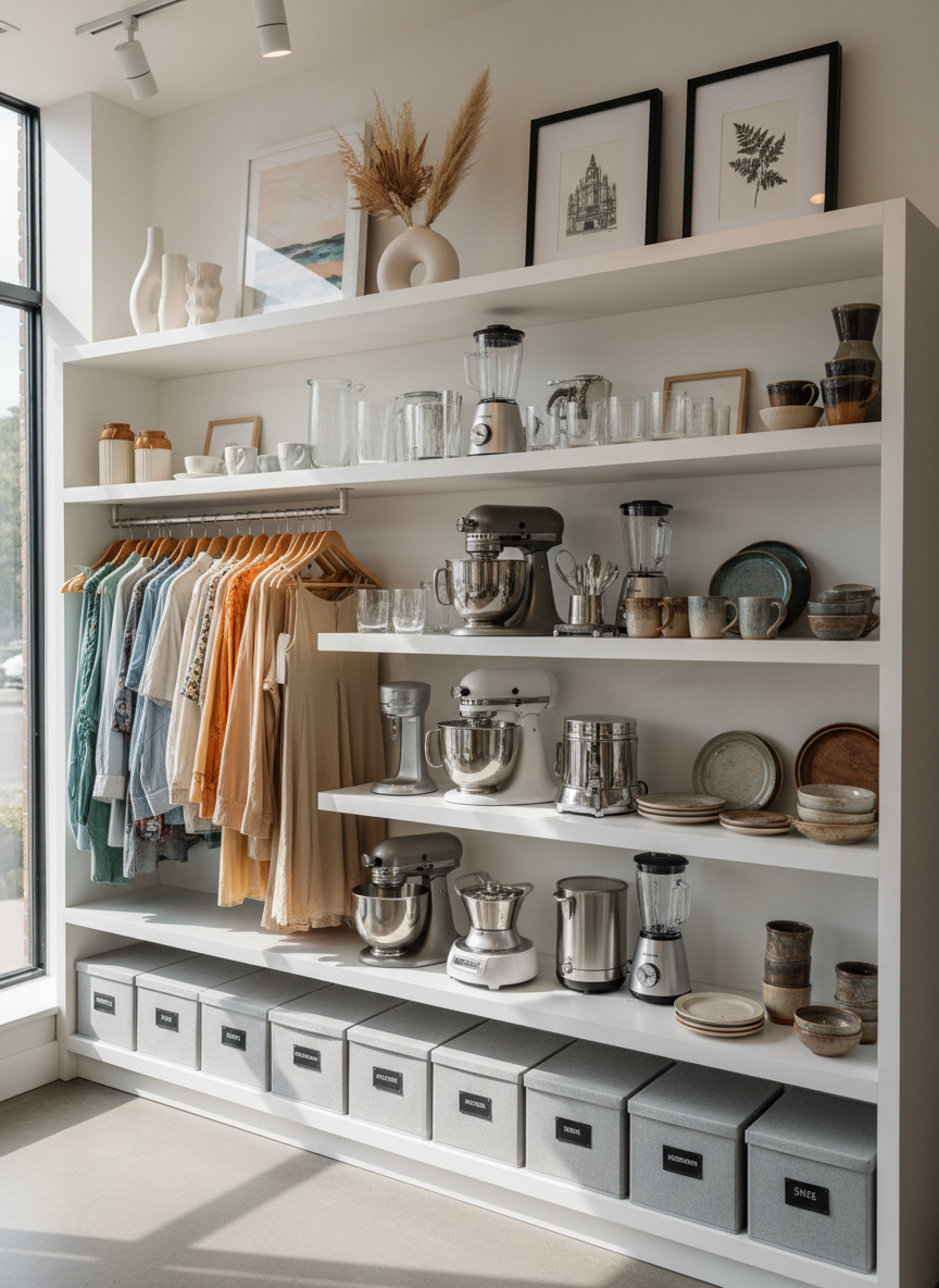 A bright, organized shelving wall in a contemporary resale boutique, filled with carefully curated items: color-coordinated clothing on slim wooden hangers, rows of labeled storage boxes, a section of gleaming kitchen gadgets, and a top shelf showcasing elegant home décor pieces and framed art. The shelves are matte white, contrasting with the varied textures of fabrics, ceramics, and metals. Natural afternoon light streams in from the left, supplemented by discreet warm track lighting above, creating a welcoming glow and gentle reflections. Captured at eye level with a slight angle to show depth, the image has crisp clarity and a balanced, professional composition, conveying reliability and thoughtful curation in a photographic realism style.