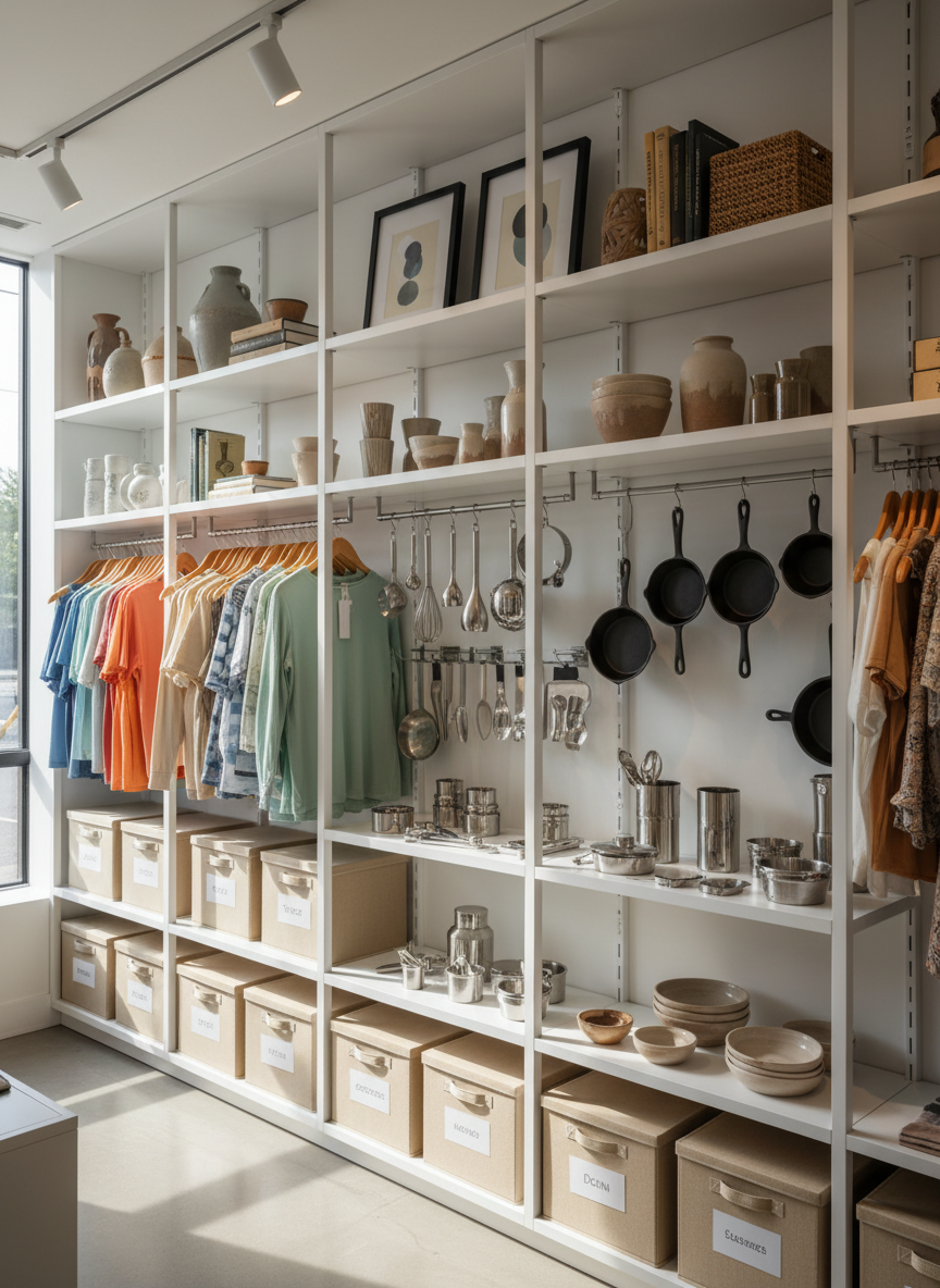 A bright, organized shelving wall in a contemporary resale boutique, filled with carefully curated items: color-coordinated clothing on slim wooden hangers, rows of labeled storage boxes, a section of gleaming kitchen gadgets, and a top shelf showcasing elegant home décor pieces and framed art. The shelves are matte white, contrasting with the varied textures of fabrics, ceramics, and metals. Natural afternoon light streams in from the left, supplemented by discreet warm track lighting above, creating a welcoming glow and gentle reflections. Captured at eye level with a slight angle to show depth, the image has crisp clarity and a balanced, professional composition, conveying reliability and thoughtful curation in a photographic realism style.