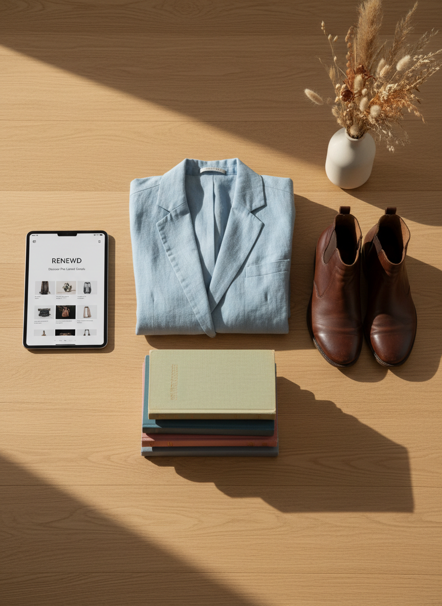 A neatly arranged flat lay of assorted pre-loved items on a light oak wood table, including a perfectly folded pastel blazer, a pair of polished leather ankle boots, a stack of hardback books with gently worn spines, a sleek tablet displaying a minimalist marketplace interface, and a small ceramic vase with neutral-toned dried flowers. Soft, diffused daylight from an unseen window washes across the scene, creating subtle shadows and a calm, professional atmosphere. Shot from a true bird’s-eye view with sharp focus across the frame, the composition follows a clean grid, emphasizing order and curation. The photographic realism and muted color palette reflect a modern, trustworthy resale marketplace focused on quality and sustainability, without any human presence.