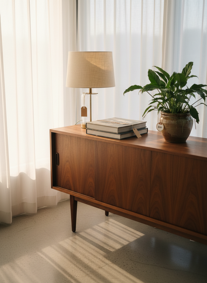 A minimalist, sunlit living room corner featuring a curated selection of pre-loved home décor: a mid-century modern wooden sideboard with rich walnut grain, a gently used designer table lamp with a linen shade, a stack of art books with slightly softened edges, and a secondhand ceramic planter holding a thriving green plant. The items have small, tasteful price tags attached. Soft golden-hour light filters through sheer white curtains, casting elongated, warm shadows across a pale concrete floor. Photographed from a slightly elevated three-quarter angle with moderate depth of field, the scene feels calm, aspirational, and attainable. The photographic realism, neutral tones, and clean lines highlight the value and beauty of giving quality items a second life, aligned with a professional resale marketplace.