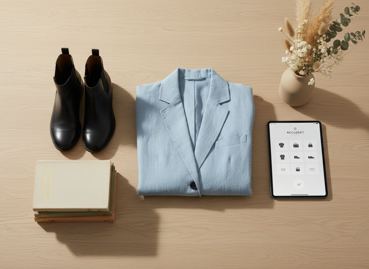 A neatly arranged flat lay of assorted pre-loved items on a light oak wood table, including a perfectly folded pastel blazer, a pair of polished leather ankle boots, a stack of hardback books with gently worn spines, a sleek tablet displaying a minimalist marketplace interface, and a small ceramic vase with neutral-toned dried flowers. Soft, diffused daylight from an unseen window washes across the scene, creating subtle shadows and a calm, professional atmosphere. Shot from a true bird’s-eye view with sharp focus across the frame, the composition follows a clean grid, emphasizing order and curation. The photographic realism and muted color palette reflect a modern, trustworthy resale marketplace focused on quality and sustainability, without any human presence.